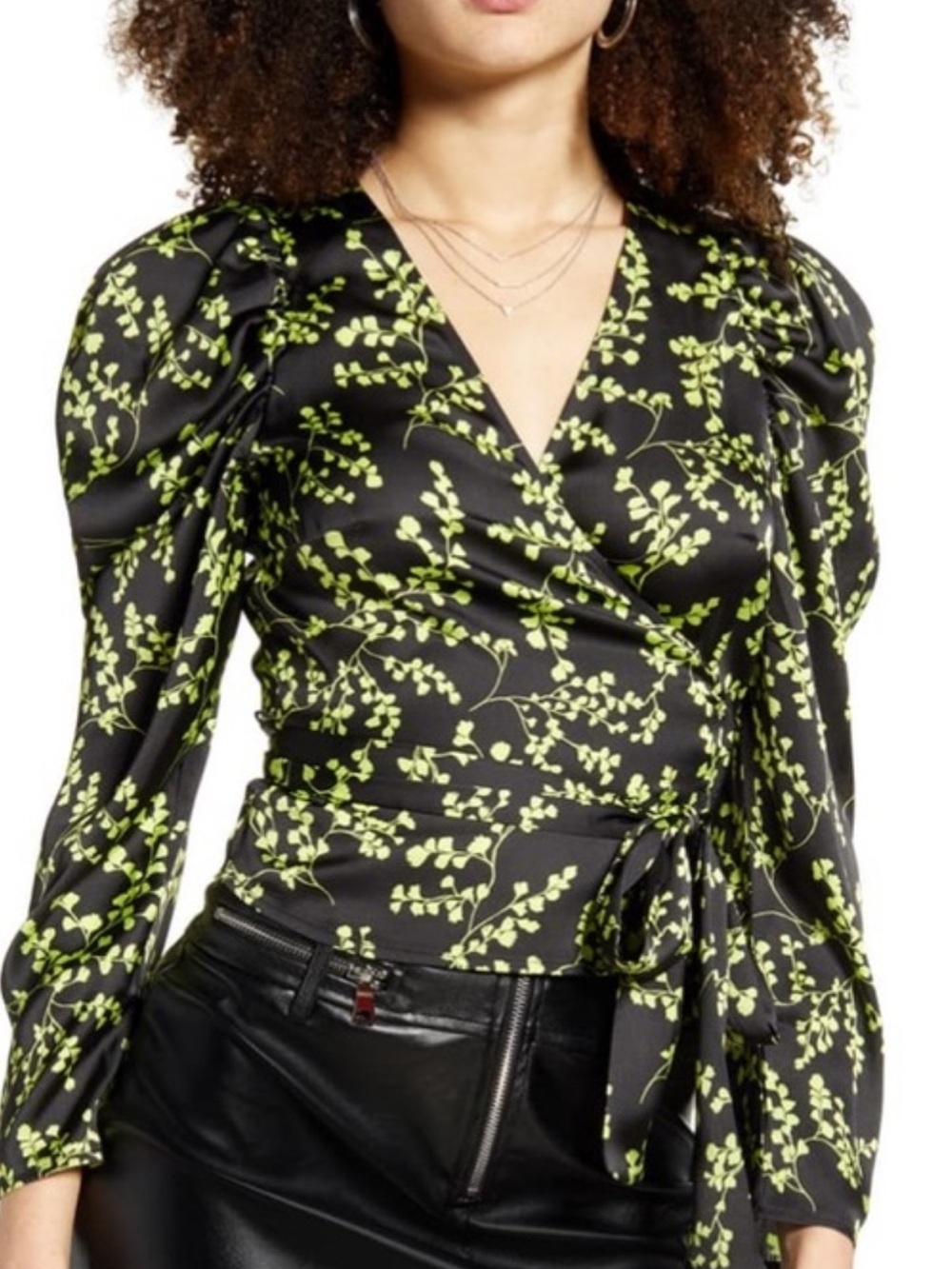 Leith Black Wrap Top with Neon Green Leaf Print